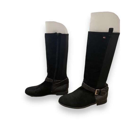 TOMMY HILFIGER Andrea Roller 2 Buckle Sparkle Riding Boot BLACK STRETCH sz 5 - Picture 1 of 8